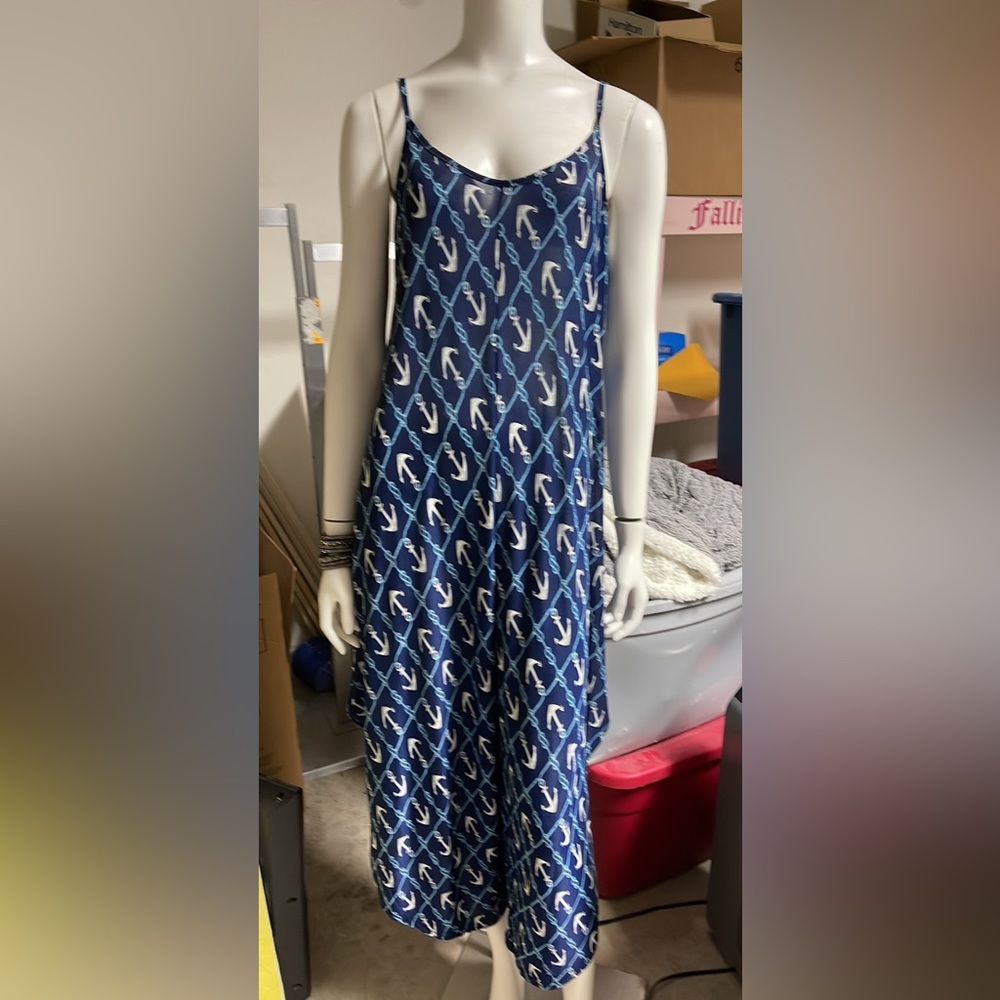 COPY - Navy Blue Nautical Anchor Print Loose Fit Baggy Jumpsuit Spaghetti Strap